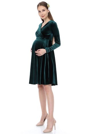 Kadife Kısa Hamile Elbisesi-Zümrüt Yeşil