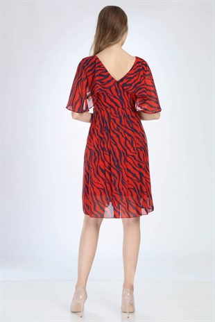 Melek Kol Kısa Zebra Desenli Kırmızı Elbise