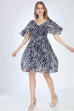 Melek Kol Kısa Zebra Desenli Siyah Beyaz Elbise