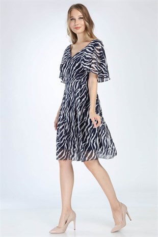 Melek Kol Kısa Zebra Desenli Siyah Beyaz Elbise