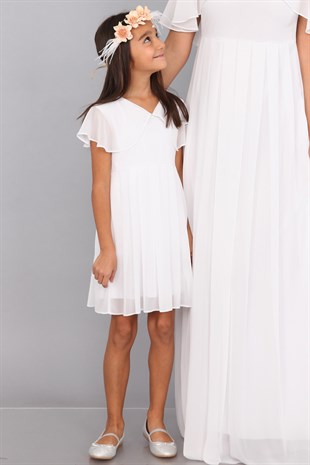 Melek Kol Kız Elbisesi Beyaz Renk