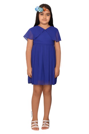 Melek Kol Kız Elbisesi Saks Mavi Renk