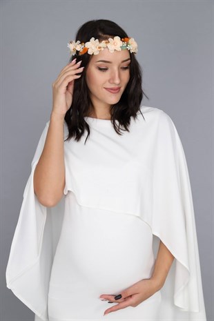 Pelerinli Balık Model Hamile Elbise Beyaz