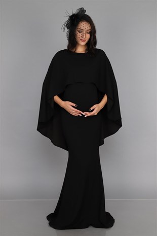 Pelerinli Balık Model Hamile Elbise Siyah