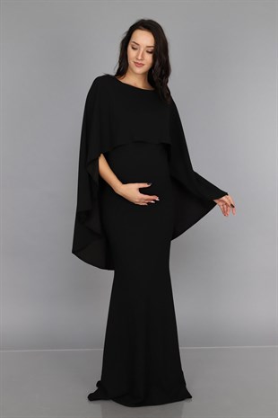 Pelerinli Balık Model Hamile Elbise Siyah