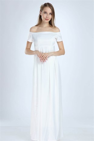 Saten İncili Beyaz Elbise