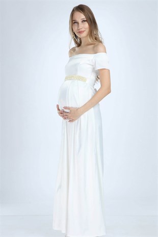 Saten İncili Beyaz Hamile Elbise