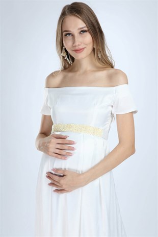 Saten İncili Beyaz Hamile Elbise