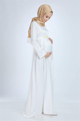 Saten Tesettür İncili Beyaz Hamile Elbise