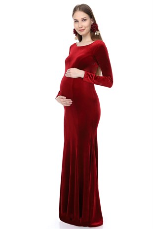 Uzun Kol Kadife Balık Hamile Elbisesi-Kırmızı