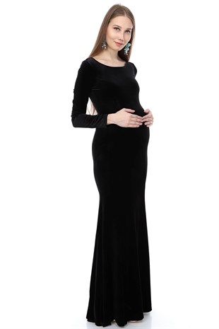 Uzun Kol Kadife Balık Hamile Elbisesi-Siyah