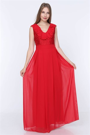 Yaka Dantel Detaylı Elbise Kırmızı