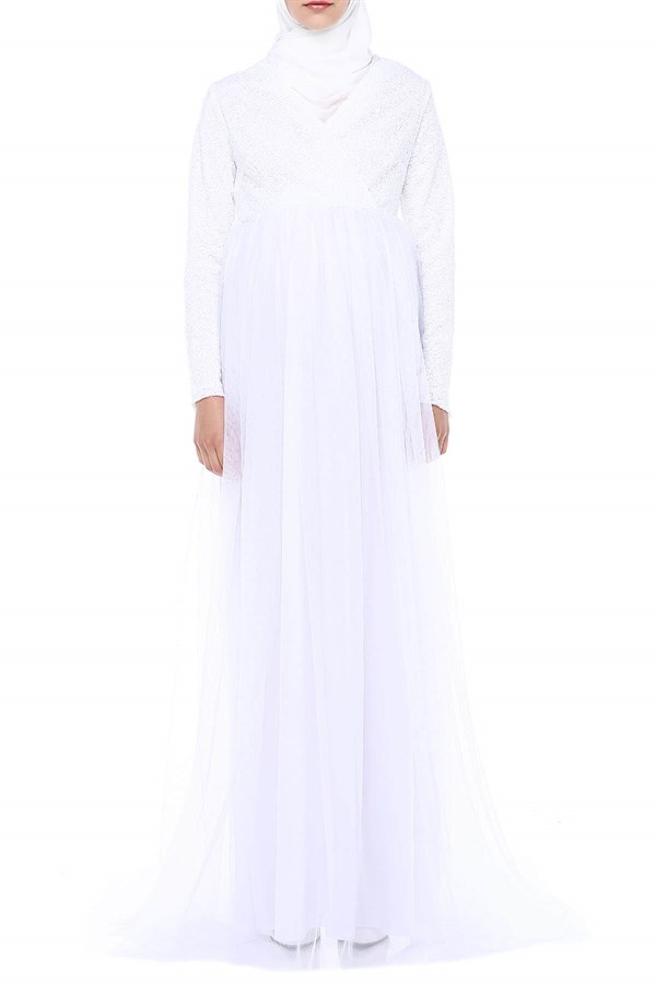 Uzun Kol Pul Payet Elbise Beyaz